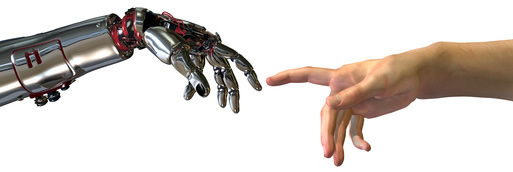 robot hand reaches across to human hand